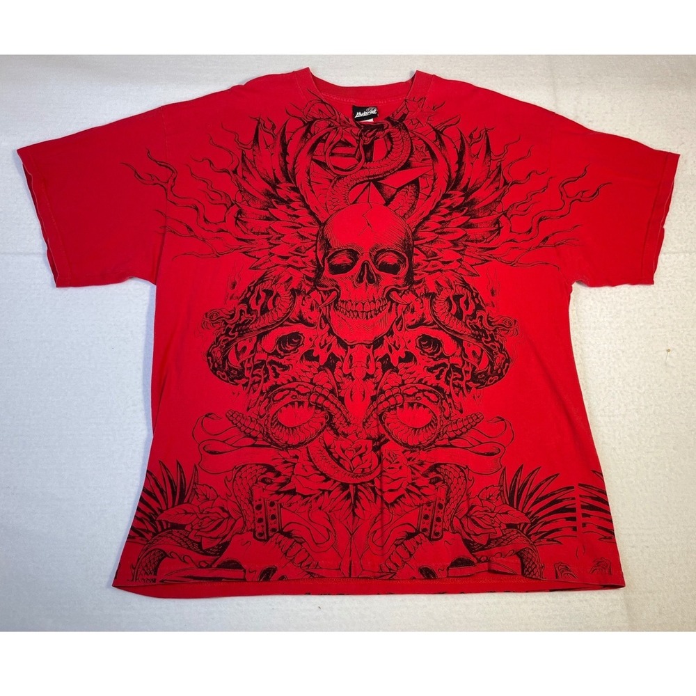 Vintage Hybrid Tees Red Skull Snake All Over Print Shirt Mens 2XL Y2K Streetwear